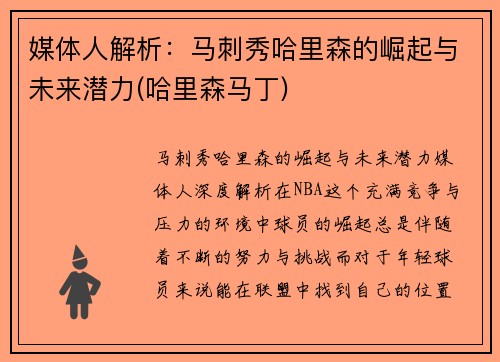 媒体人解析：马刺秀哈里森的崛起与未来潜力(哈里森马丁)